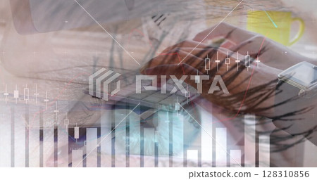 Image of financial data processing with statistics over woman's eye and man typing 128310856