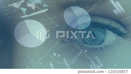 Image of financial data processing with statistics over woman's eye 128310857