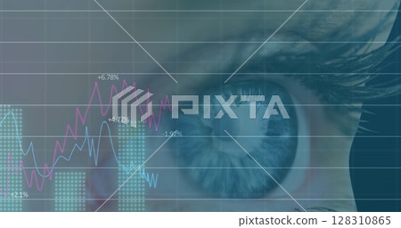 Image of financial data processing with statistics over woman's eye 128310865