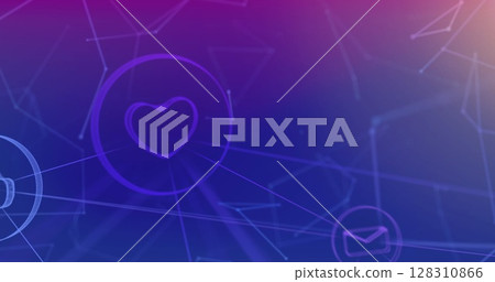 Image of digital icons over network of connections on purple background 128310866