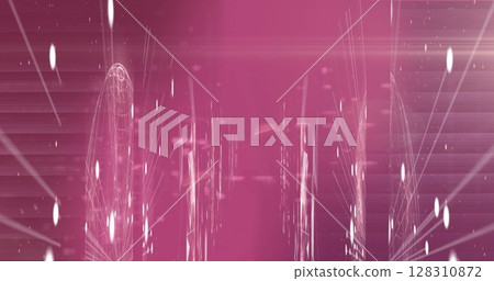 Image of scopes scanning and globes spinning with networks of connections on pink background 128310872