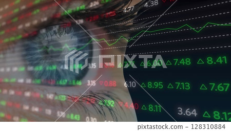 Image of financial data processing over woman's eye on black background Image of financial data processing over woman's eye on black background 128310884