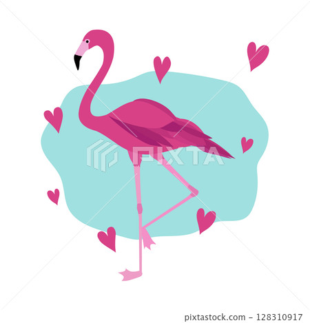 The pink Flamingo stands on one leg. Exotic bird. Vector. In the style of hand drawing. The pink Flamingo stands on one leg. Exotic bird. Vector. In the style of hand drawing. 128310917
