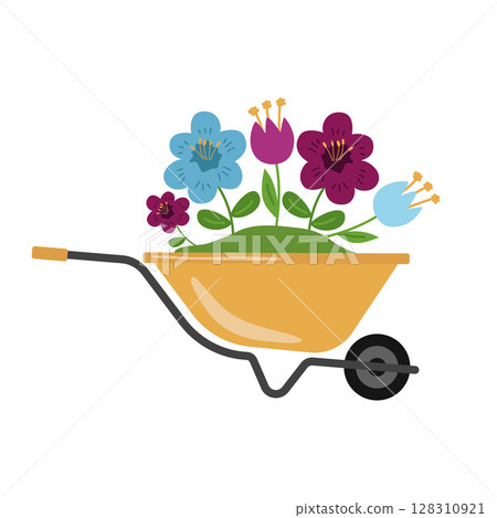 Garden wheelbarrow with flowers. Gardening. Vector illustration. Garden wheelbarrow with flowers. Gardening. Vector illustration. 128310921