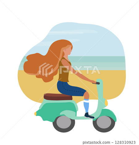 Summertime. The red-haired girl rides a moped along the line of the sea. Summertime. The red-haired girl rides a moped along the line of the sea. 128310923