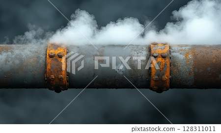 Industrial pipe leaking steam with rusty orange flanges, close-up of pressure system in factory, engineering infrastructure concept Industrial pipe leaking steam with rusty orange flanges, close-up of pressure system in factory, engineering infrastructure concept 128311011
