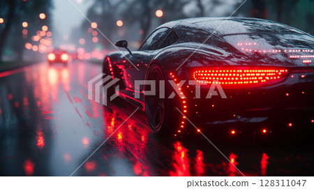 Sports car with glowing red taillights driving on wet road during night, luxury automotive concept with dramatic lighting reflections 128311047