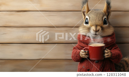 Squirrel wearing red sweater holding coffee mug against wooden wall, cozy autumn wildlife character concept for seasonal comfort 128311048