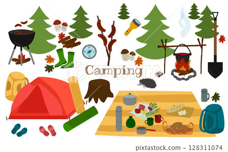 Camping, hiking in the woods, a set of elements in a hand-drawn style. Tent, fire, barbecue, Christmas trees, thermos, grill, flashlight, boots, compass. Vector illustration. Camping, hiking in the woods, a set of elements in a hand-drawn style. Tent, fire, barbecue, Christmas trees, thermos, grill, flashlight, boots, compass. Vector illustration. 128311074