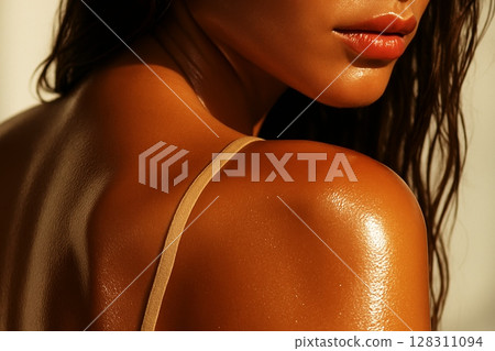 Close-up of tanned woman with wet hair and glossy lips in swimsuit, sunlit shoulder and back in warm light 128311094