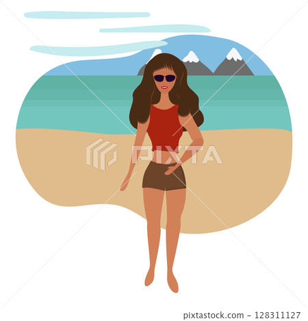 Beautiful girl in shorts and sunglasses on the beach. 128311127