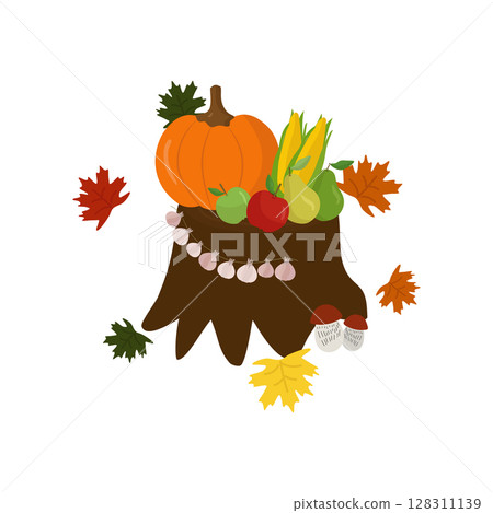 Autumn fruits and vegetables on a forest stump. Pumpkin, corn, apples, pears, mushrooms, garlic. Vector. In the style of hand drawing. Autumn fruits and vegetables on a forest stump. Pumpkin, corn, apples, pears, mushrooms, garlic. Vector. In the style of hand drawing. 128311139