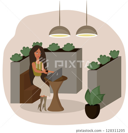 The girl is working on a laptop from a cafe. 128311205