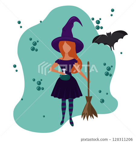 Beautiful witch for Halloween. With a hat, striped stockings,and a broom. Vector illustration isolated. Beautiful witch for Halloween. With a hat, striped stockings,and a broom. Vector illustration isolated. 128311206
