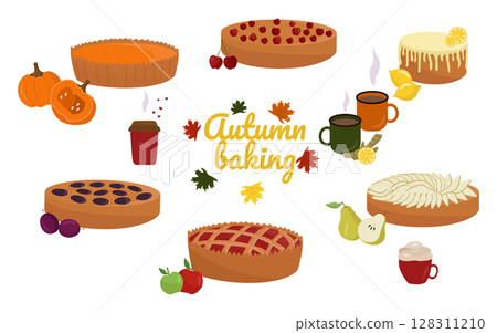 Autumn pastries, sweet pies set. With pumpkin, apples, pears, cherries, lemon. Vector. In the style of hand drawing. 128311210
