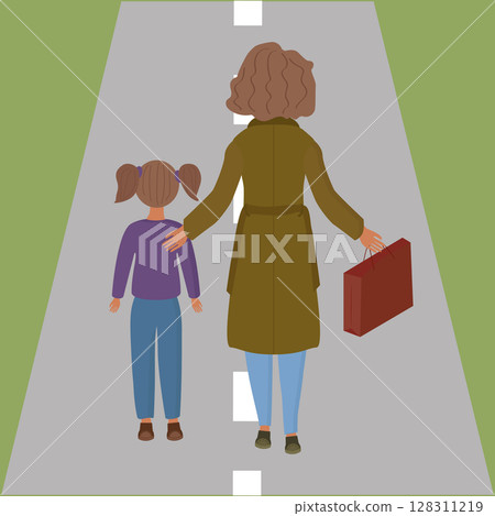 Mother and daughter are walking along the road. 128311219