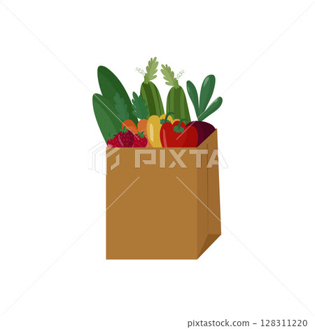 Bag with healthy organic vegetables and berries. 128311220