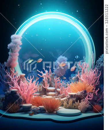 Podium showing promotional products with an ocean theme 128311222