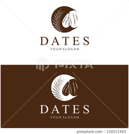 Date palm fruit plant logo design with leaves,seeds and date palm tree isolated background exotic organic plant. 128311483