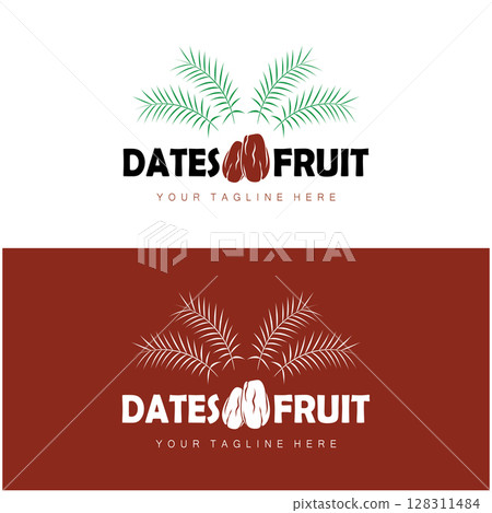 Date palm fruit plant logo design with leaves,seeds and date palm tree isolated background exotic organic plant. Date palm fruit plant logo design with leaves,seeds and date palm tree isolated background exotic organic plant. 128311484