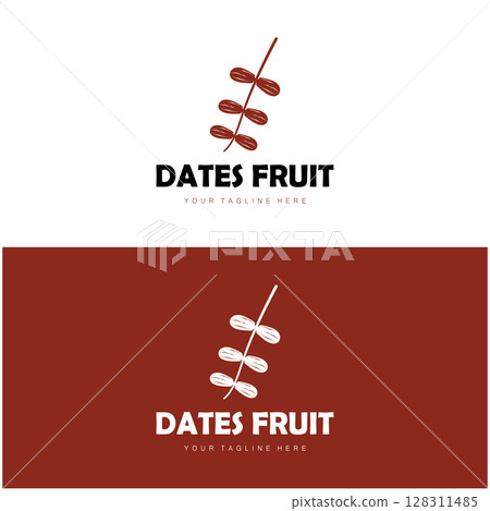 Date palm fruit plant logo design with leaves,seeds and date palm tree isolated background exotic organic plant. Date palm fruit plant logo design with leaves,seeds and date palm tree isolated background exotic organic plant. 128311485