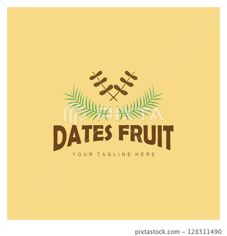 Date palm fruit plant logo design with leaves,seeds and date palm tree isolated background exotic organic plant. Date palm fruit plant logo design with leaves,seeds and date palm tree isolated background exotic organic plant. 128311490