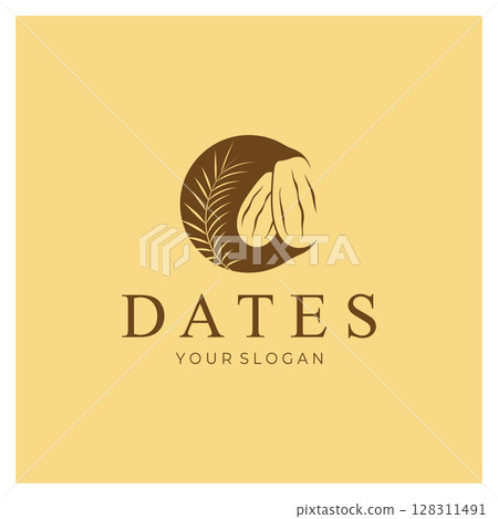 Date palm fruit plant logo design with leaves,seeds and date palm tree isolated background exotic organic plant. Date palm fruit plant logo design with leaves,seeds and date palm tree isolated background exotic organic plant. 128311491