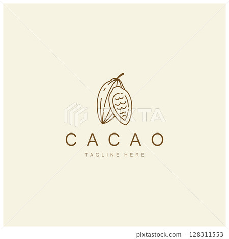 cocoa logo,cocoa bean,cocoa tree,cocoa branches and leaves,chocolate mix on white background,vintage,modern,simple,minimalist icon illustration template design vector 128311553