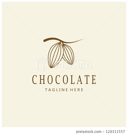 cocoa logo,cocoa bean,cocoa tree,cocoa branches and leaves,chocolate mix on white background,vintage,modern,simple,minimalist icon illustration template design vector 128311557
