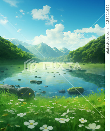 Digital Painting meadow in the forest Overlooking the mountains and waterfalls. 128311632