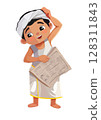 Cute illustration of traditional, hindu boy or man wearing dhoti, reading, newspaper, thoughtful 128311843