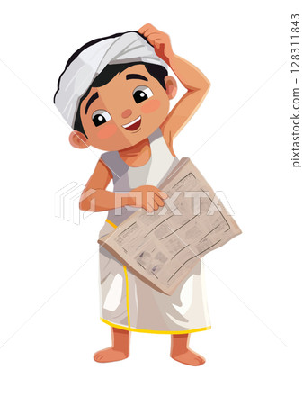 Cute illustration of traditional, hindu boy or man wearing dhoti, reading, newspaper, thoughtful 128311843