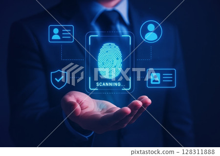 Businessman holding digital fingerprint scan with icons for identity verification, cybersecurity, biometric access and data protection 128311888