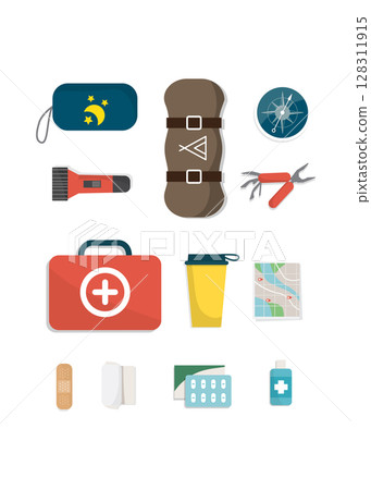 Camping hiking gear and supplies set stock illustration 128311915