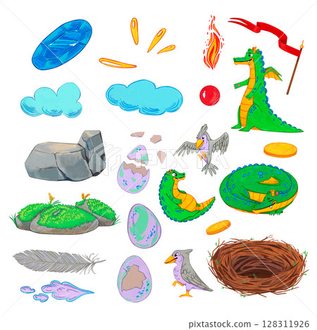 Set of dragons, birds, eggs, clouds, stones, feathers, fire, coins, flag, nest and magic elements. Watercolor illustration of fantasy cliparts. The theme of the Middle Ages. Perfect for children book. 128311926