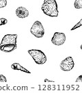 Seamless pattern with variety of hand drawn seashells in black and white. Hand drawn vector illustration in sketch style. Perfect for textiles fabric wallpapers or ocean inspired design themes. 128311952