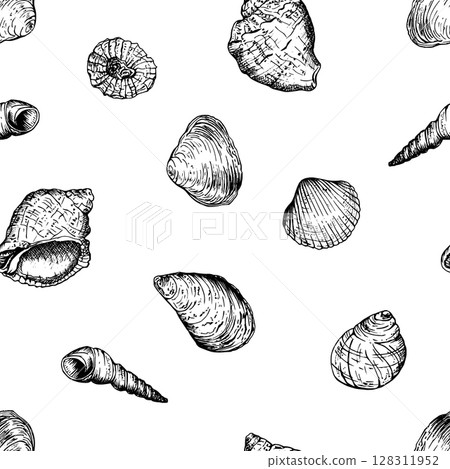 Seamless pattern with variety of hand drawn seashells in black and white. Hand drawn vector illustration in sketch style. Perfect for textiles fabric wallpapers or ocean inspired design themes. 128311952