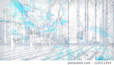 Image of network of connections spinning over empty office in background Image of network of connections spinning over empty office in background 128311954