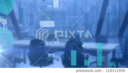 Image of data processing with statistics over empty office on blue background 128311956