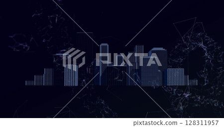 Image of networks of connections, dna structure and cityscape on blue background 128311957