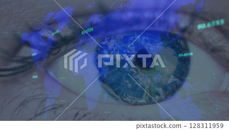Image of numbers changing with world map over woman's eye in background Image of numbers changing with world map over woman's eye in background 128311959