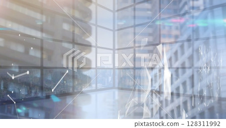 Image of network of connections over empty offices and cityscape 128311992
