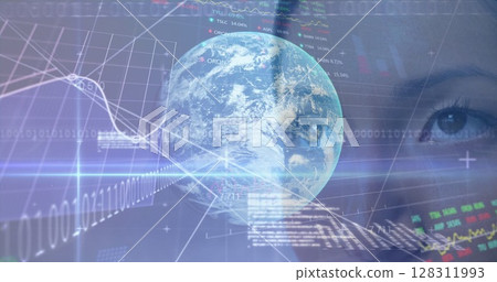 Image of globe and data processing over woman's face in background 128311993