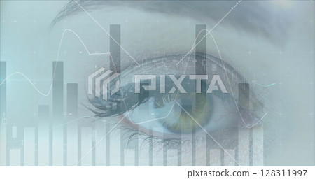 Image of statistics and data processing over woman's eye in background Image of statistics and data processing over woman's eye in background 128311997