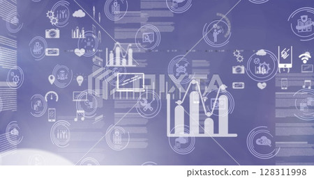 Image of digital icons with data processing over purple background Image of digital icons with data processing over purple background 128311998
