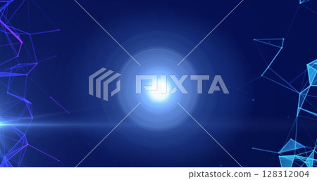 Image of networks of connections spinning over glowing spot of light on blue background 128312004
