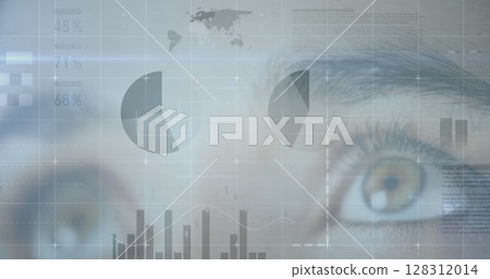 Image of statistics and data processing over woman's eye in background Image of statistics and data processing over woman's eye in background 128312014