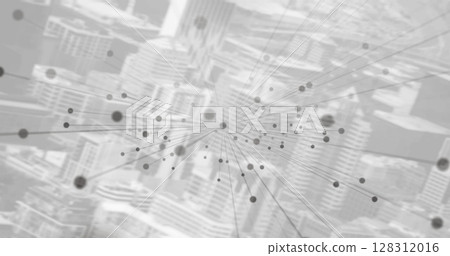 Image of networks of connections with grey spot with cityscape in background Image of networks of connections with grey spot with cityscape in background 128312016