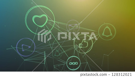 Image of digital icons over network of connections on green background Image of digital icons over network of connections on green background 128312021