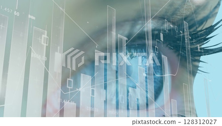 Image of statistics and data processing over woman's eye in background Image of statistics and data processing over woman's eye in background 128312027